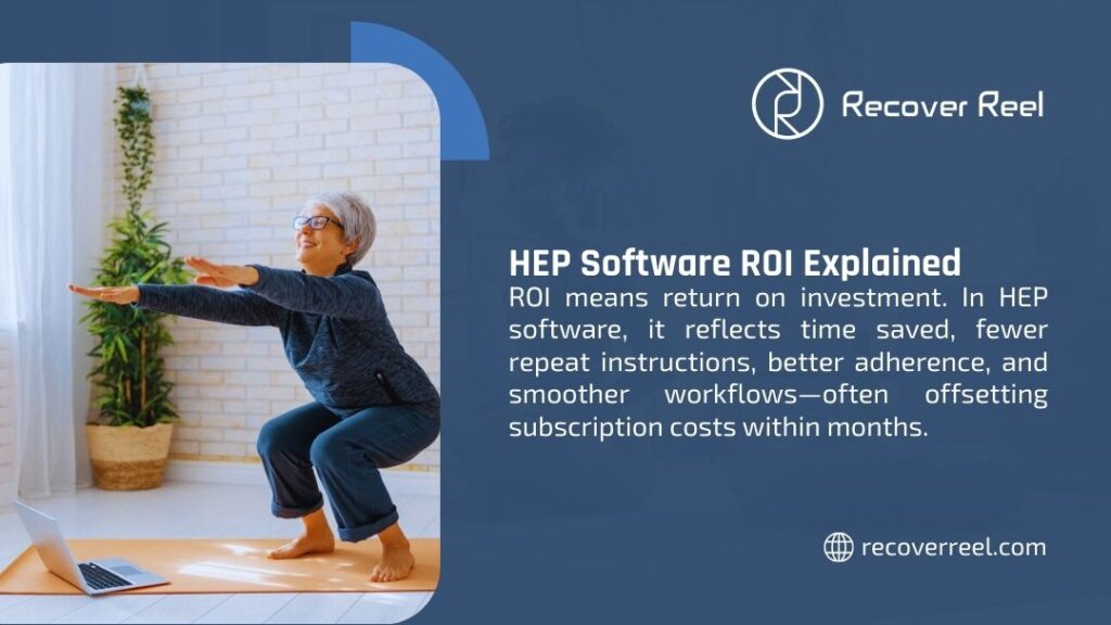 Senior woman performing squat exercise at home with laptop, illustrating HEP software return on investment through therapist time savings and improved patient outcomes.
