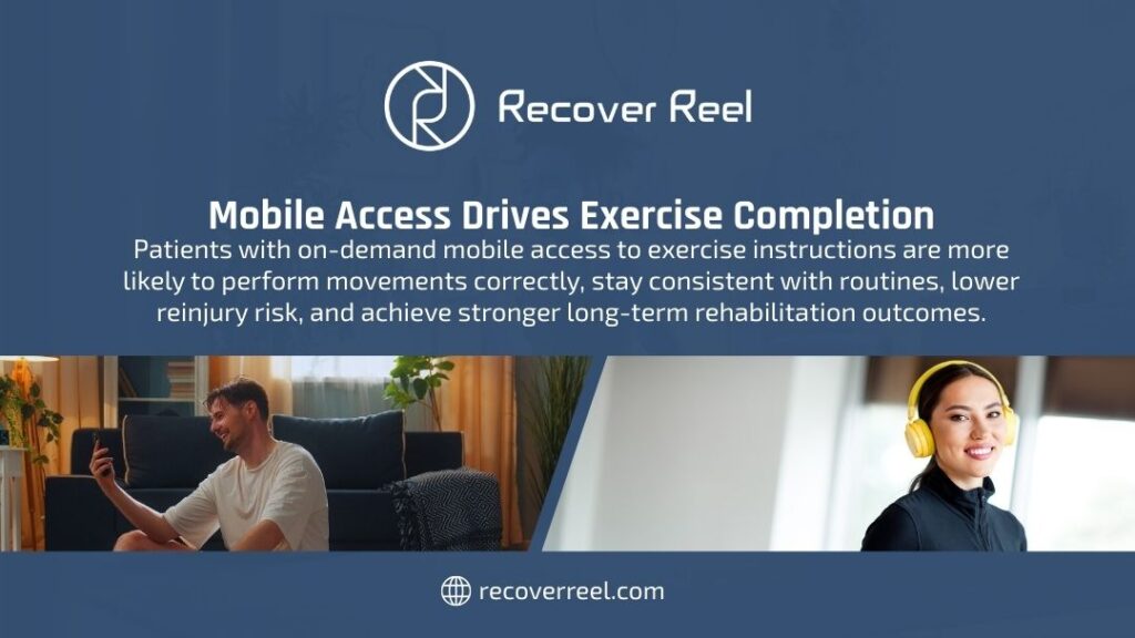 Patient accessing exercise instructions on mobile device at home and woman using audio guidance with headphones, demonstrating how on-demand mobile access improves exercise consistency and rehabilitation outcomes.