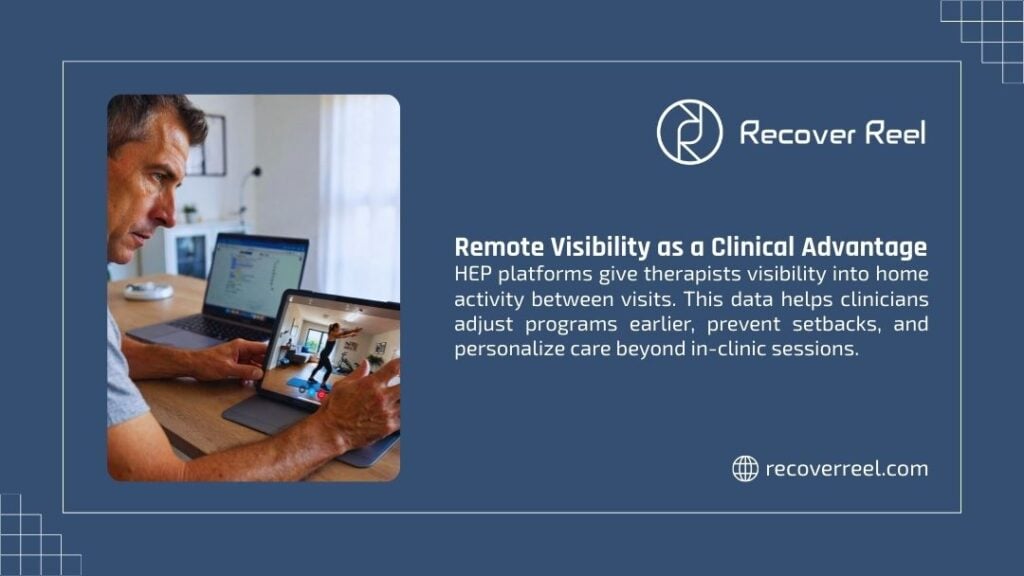 Patient video conferencing with therapist on laptop showing remote rehabilitation monitoring, allowing clinicians visibility into home exercise activity between visits.