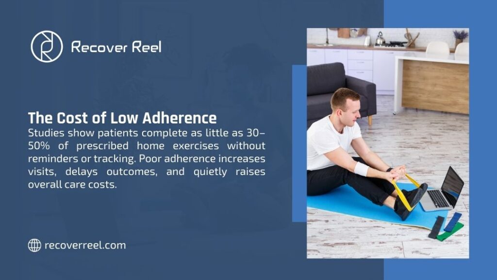 Man performing stretching exercise at home with resistance bands and laptop, illustrating cost of low adherence when patients skip prescribed home exercises.