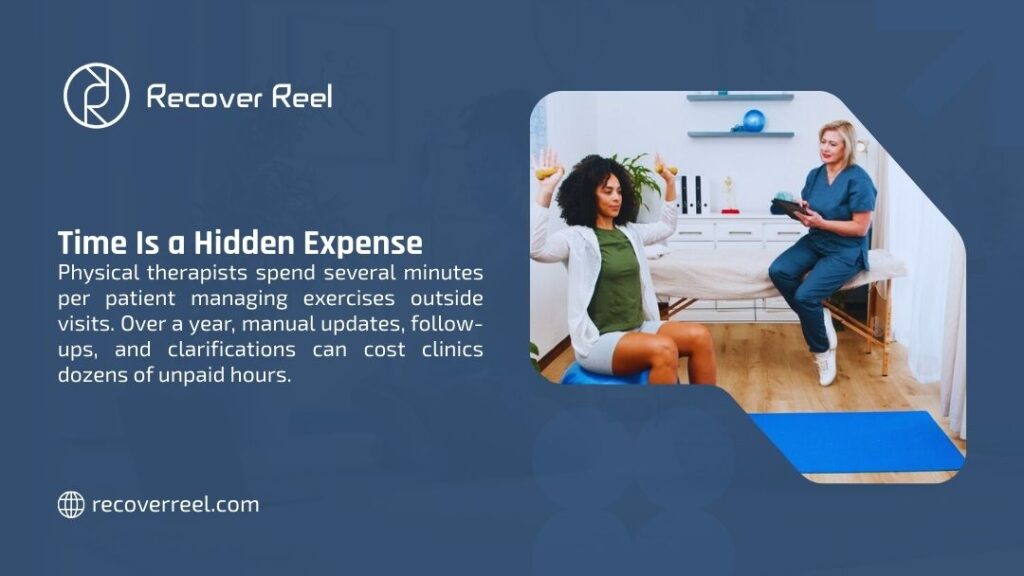 Physical therapist instructing patient on exercise with stability ball, illustrating hidden time expense therapists spend managing home exercises outside clinic visits.