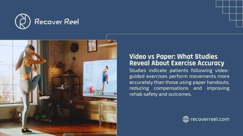 Woman following video-guided exercise instruction on TV screen at home, demonstrating how video instructions improve exercise accuracy compared to paper handouts.