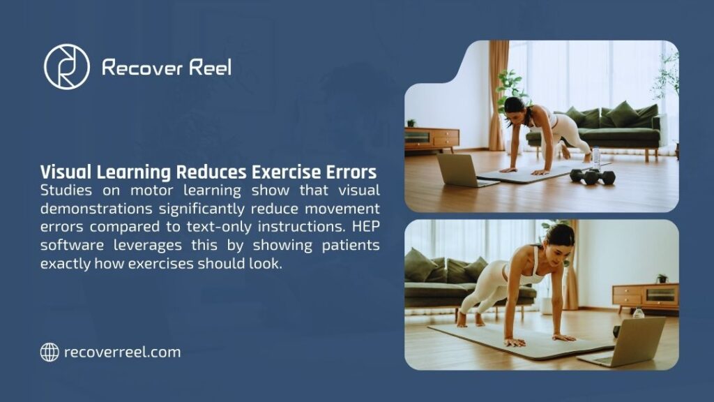 Women performing exercises while watching laptop demonstrations, showing how visual learning reduces movement errors compared to text-only physical therapy instructions.