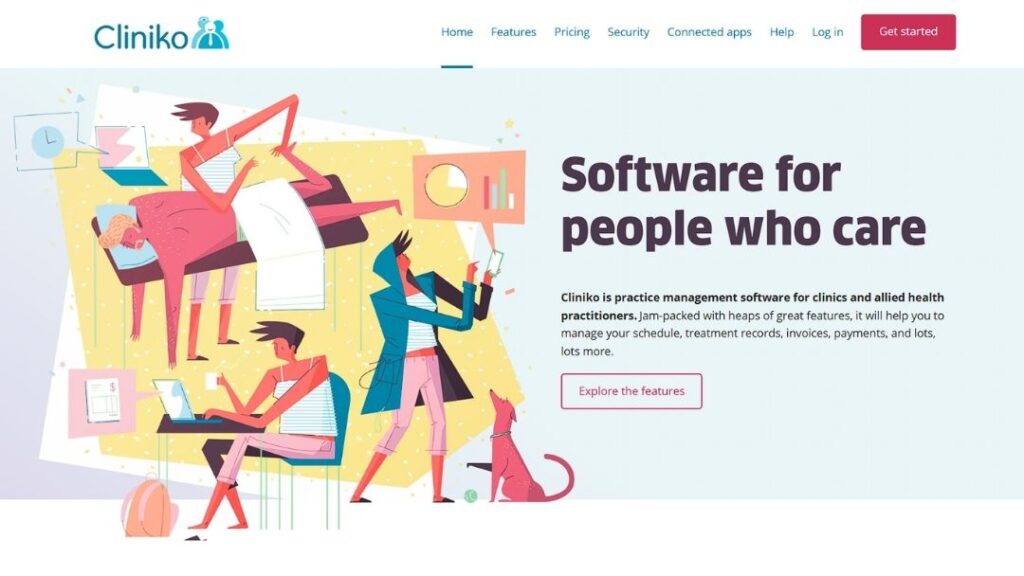Healthcare professionals collaborating using Cliniko practice management software for clinic scheduling, treatment records, invoicing, and payments