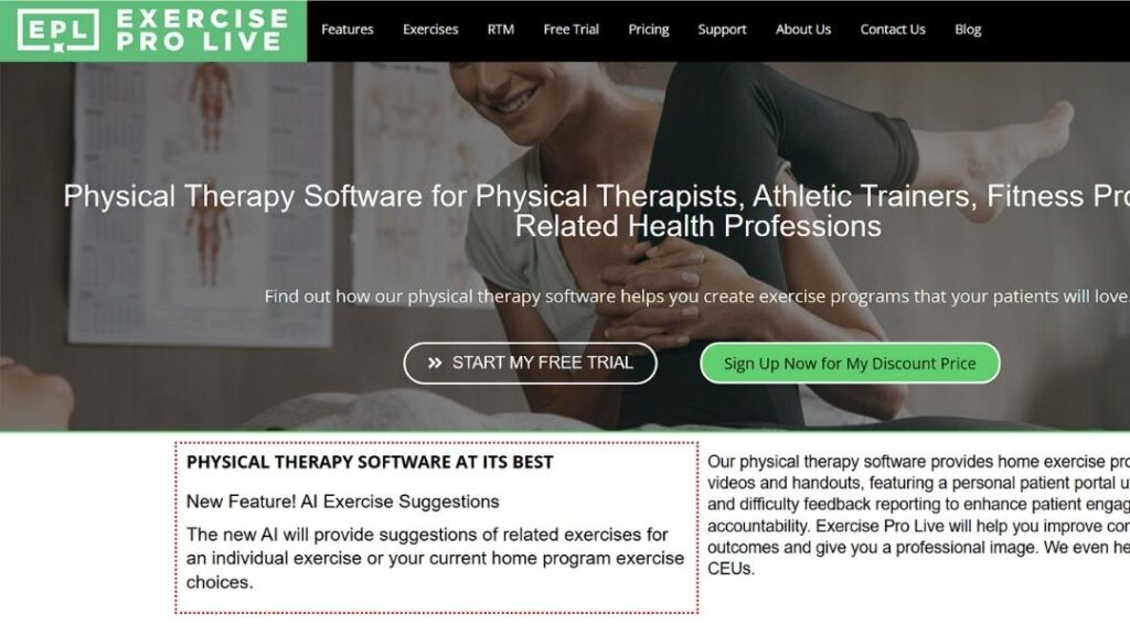 Physical therapist using Exercise Pro Live software to create and manage patient exercise programs with AI-powered suggestions
