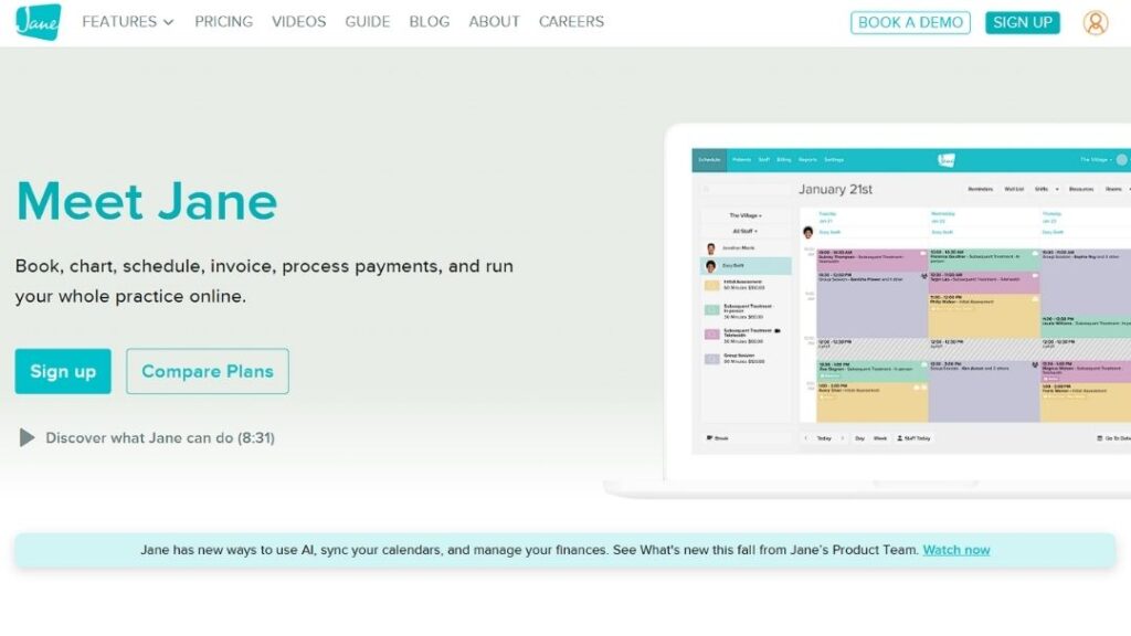 Jane App practice management platform with online scheduling, charting, invoicing, and payment processing for healthcare practices