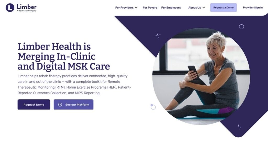 Patient using Limber Health digital platform on smartphone for remote therapeutic monitoring and home exercise program delivery