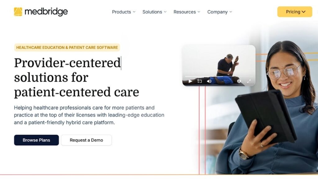 Healthcare professional using MedBridge platform on tablet providing patient-centered education and exercise guidance for quality care
