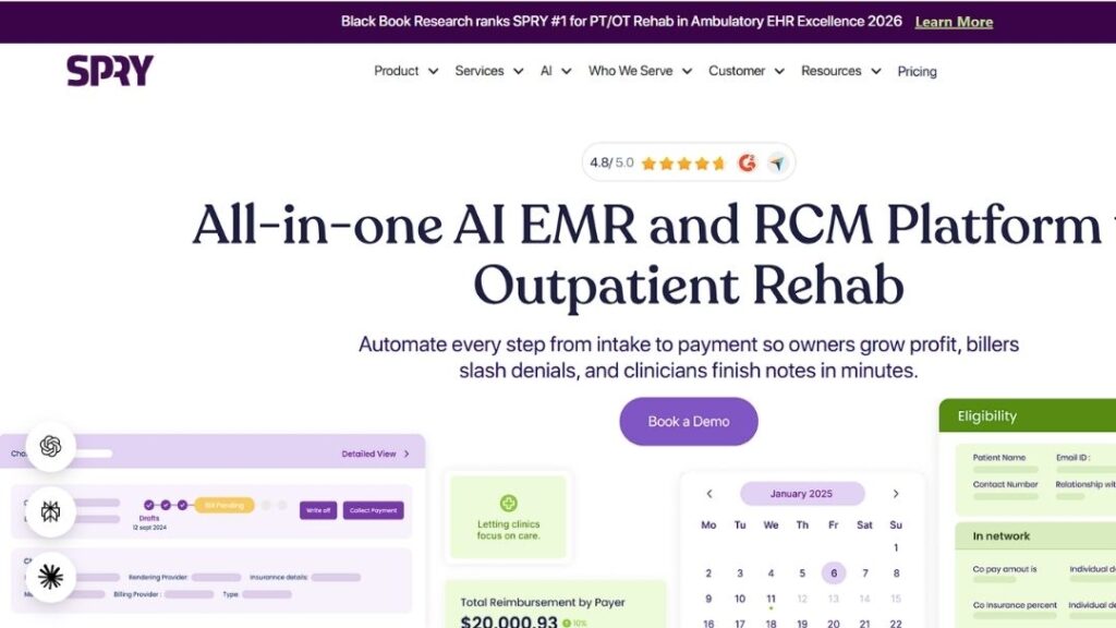 SPRY all-in-one AI EMR and RCM platform automating outpatient rehabilitation operations from intake to payment and clinical documentation