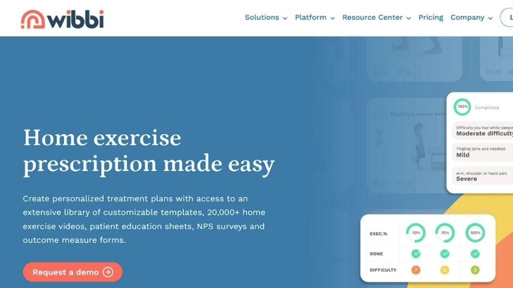 Therapist using Wibbi home exercise prescription platform with 20000+ exercise videos and patient outcome tracking dashboard