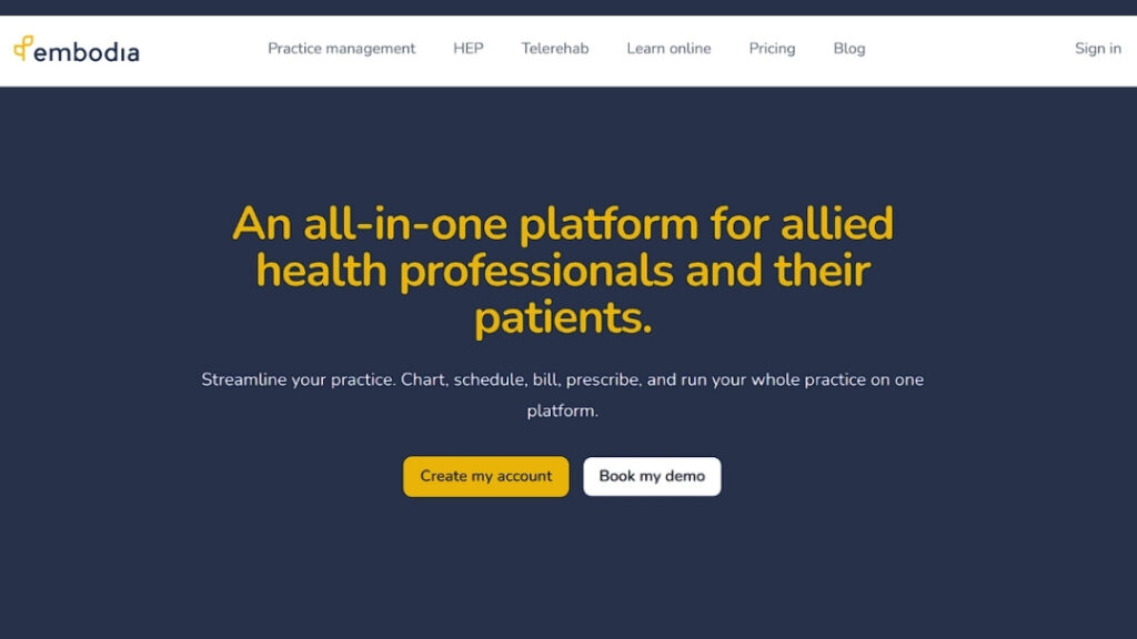 Embodia all-in-one platform for allied health professionals providing practice management, HEP, telerehab, and patient engagement