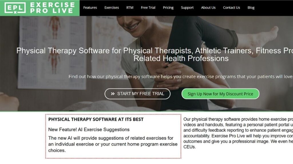 Exercise Pro Live homepage showing a physical therapist treating a patient, promoting HEP software with AI exercise suggestions for clinicians.