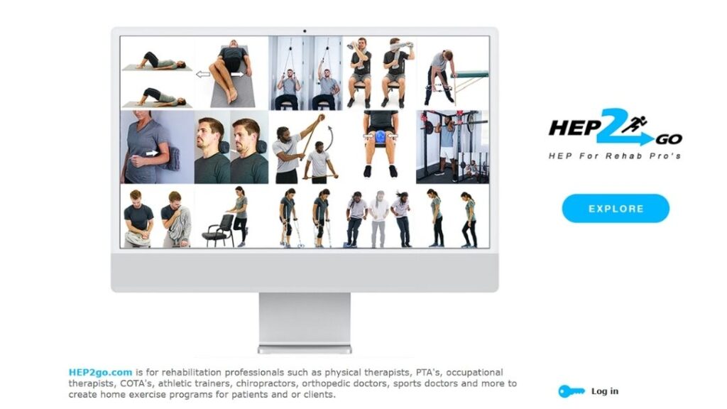 HEP2go platform displaying rehabilitation exercise library on monitor for physical therapists and rehabilitation professionals