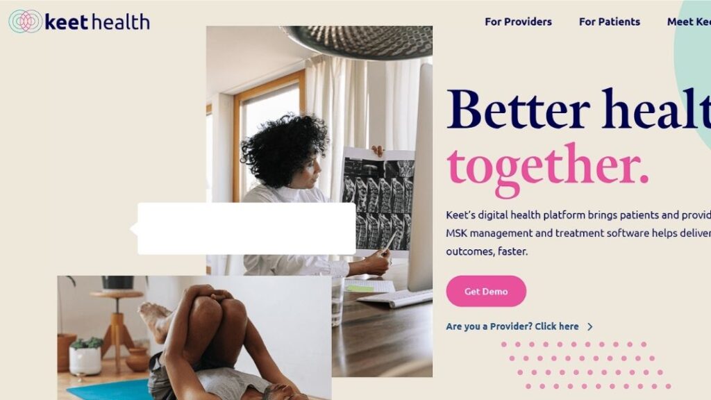 Woman in white shirt holding up MRI scans of spine while seated on yoga mat in bright home, representing Keet Health's digital platform for MSK management and better patient-provider outcomes.