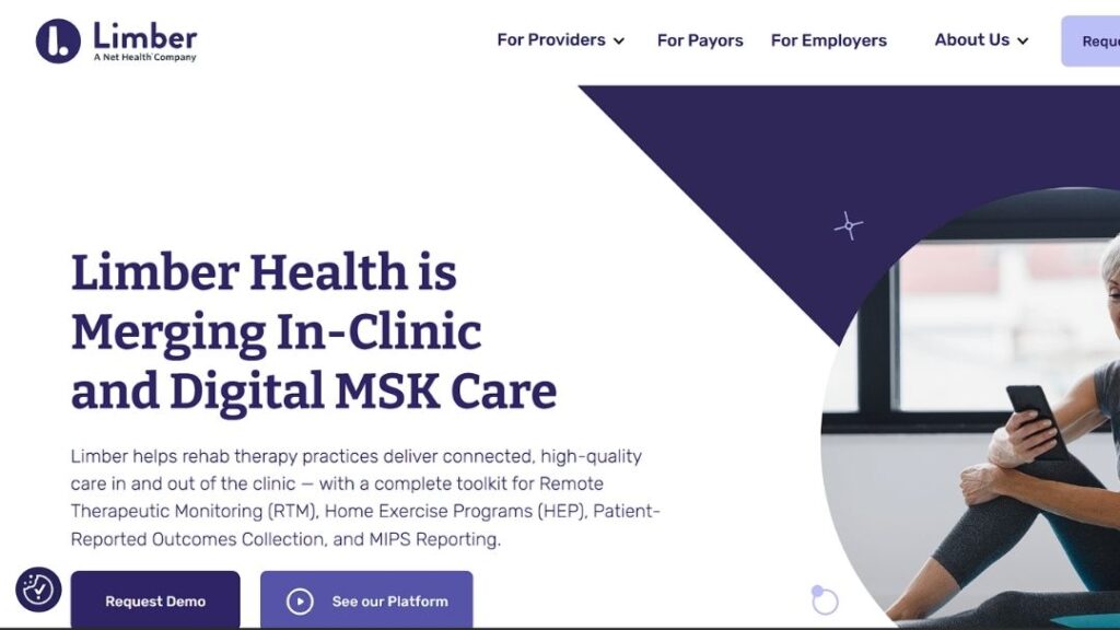 Limber homepage showcasing merged in-clinic and digital MSK care with headline "Limber Health is Merging In-Clinic and Digital MSK Care" and image of senior woman doing exercises on mat while using smartphone.