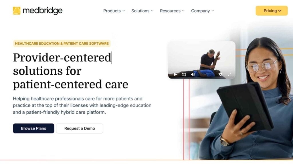 Healthcare professional using MedBridge platform on tablet providing patient-centered education and exercise guidance for quality care