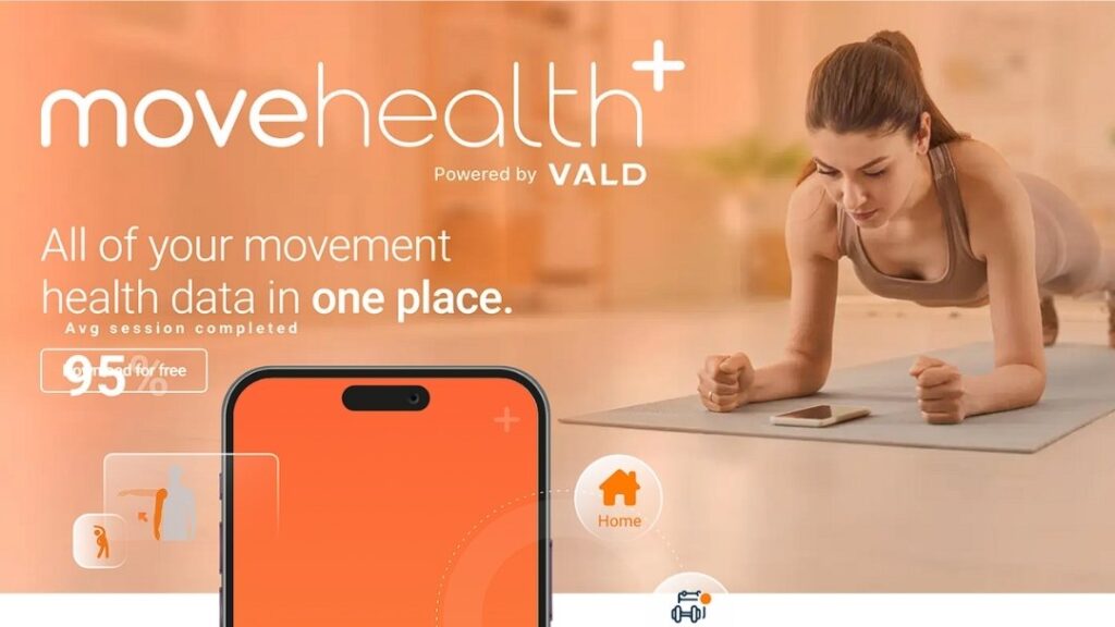 Woman exercising at home using movehealth+ app powered by VALD to track and centralize all movement health data