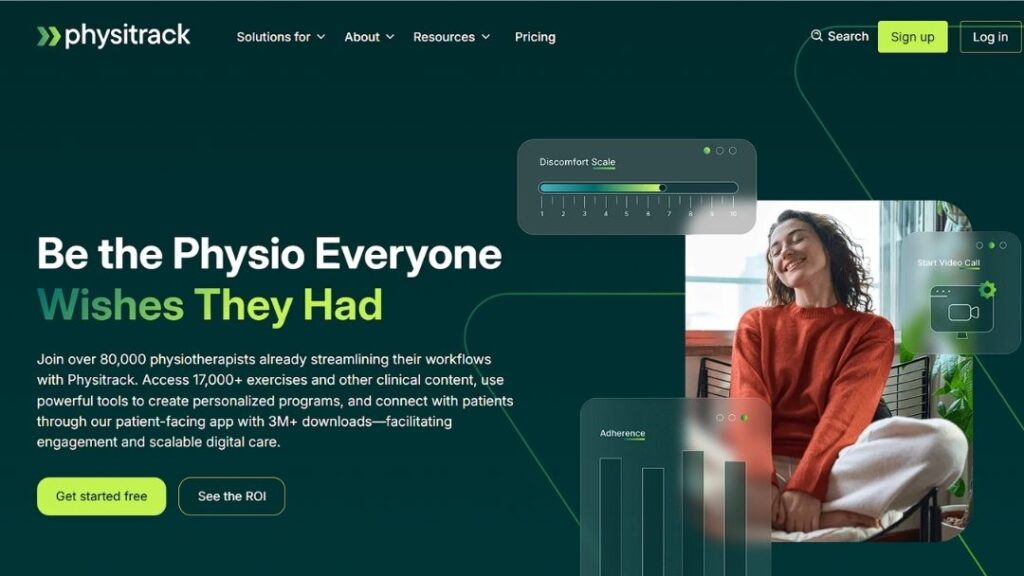 Physitrack homepage displaying patient video call, discomfort scale, and adherence tracking tools used by 80,000+ physiotherapists worldwide.