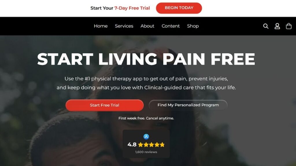 Hero section of physical therapy app website showing smiling man and woman embracing pain-free, with bold text "START LIVING PAIN FREE," free trial button, 4.8-star rating from 1,600 reviews.