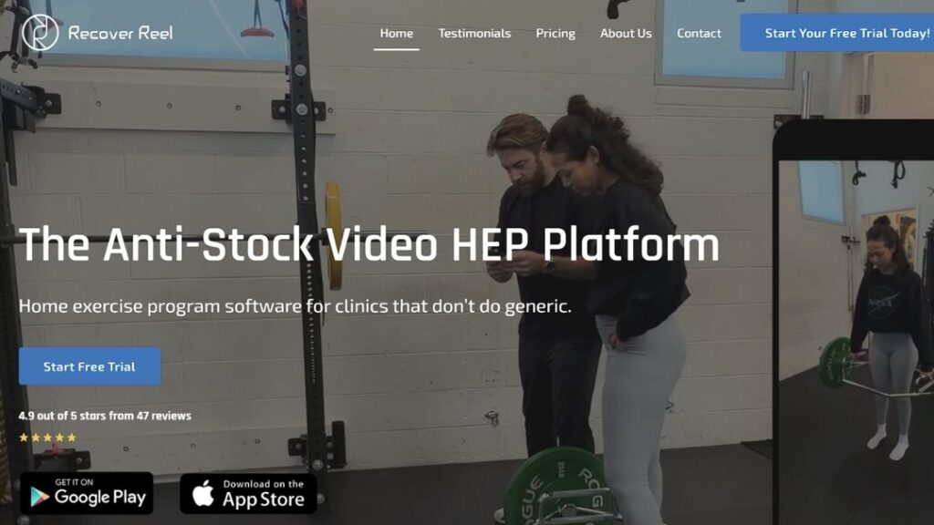Physical therapist demonstrating Recover Reel home exercise program software platform for personalized patient rehabilitation