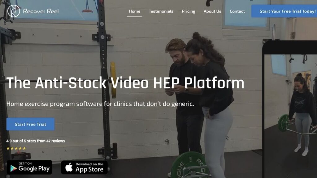 Recover Reel homepage showing a clinician and patient in a gym, promoting its anti-stock video HEP platform for home exercise programs.