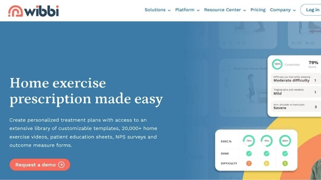 Wibbi platform homepage showing home exercise prescription tools, patient progress dashboards, and outcome tracking for clinicians.